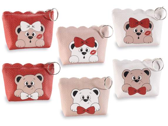 Faux leather coin purse with teddy bear, zip and key ring